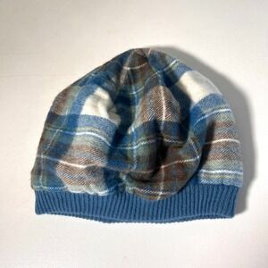 Edinburgh Cashmere Hat Blue Plaid Beanie 100%‎ Cashmere Lined Winter Casual